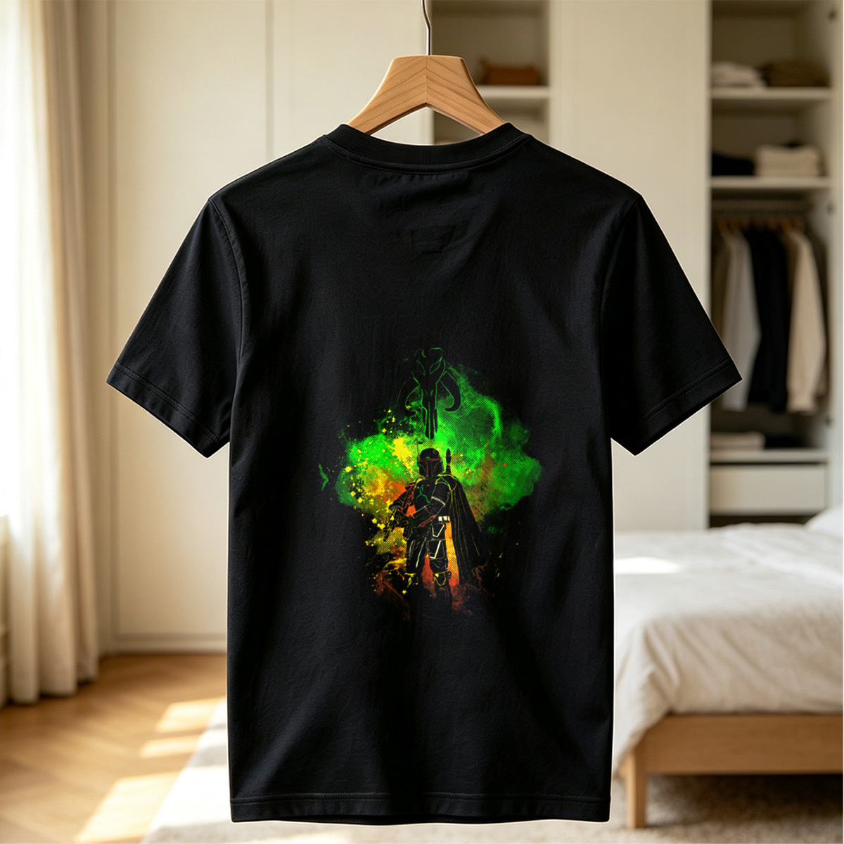 Mandalorian Warrior with Boba Fett Helmet and Green Energy Background - Tee