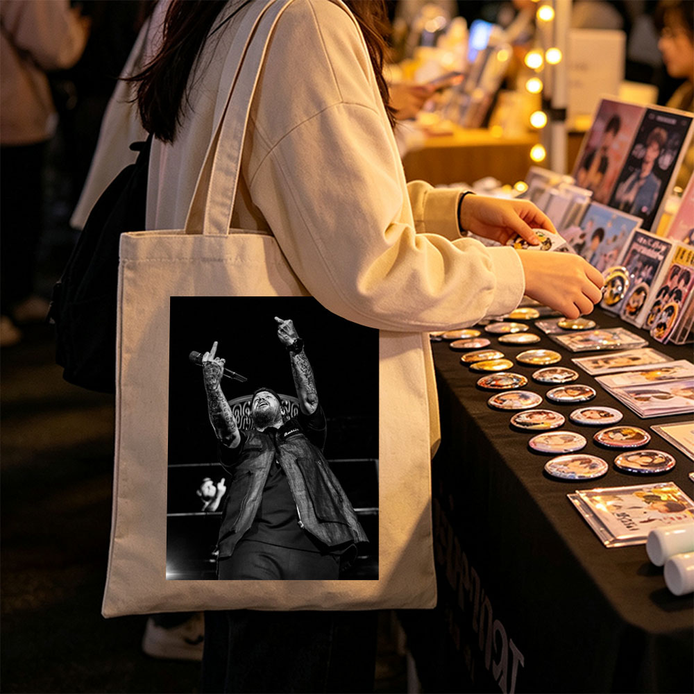 Luke Combs Performing on Stage with Tattooed Arms Raised in Black and White Photo - Canvas tote bags