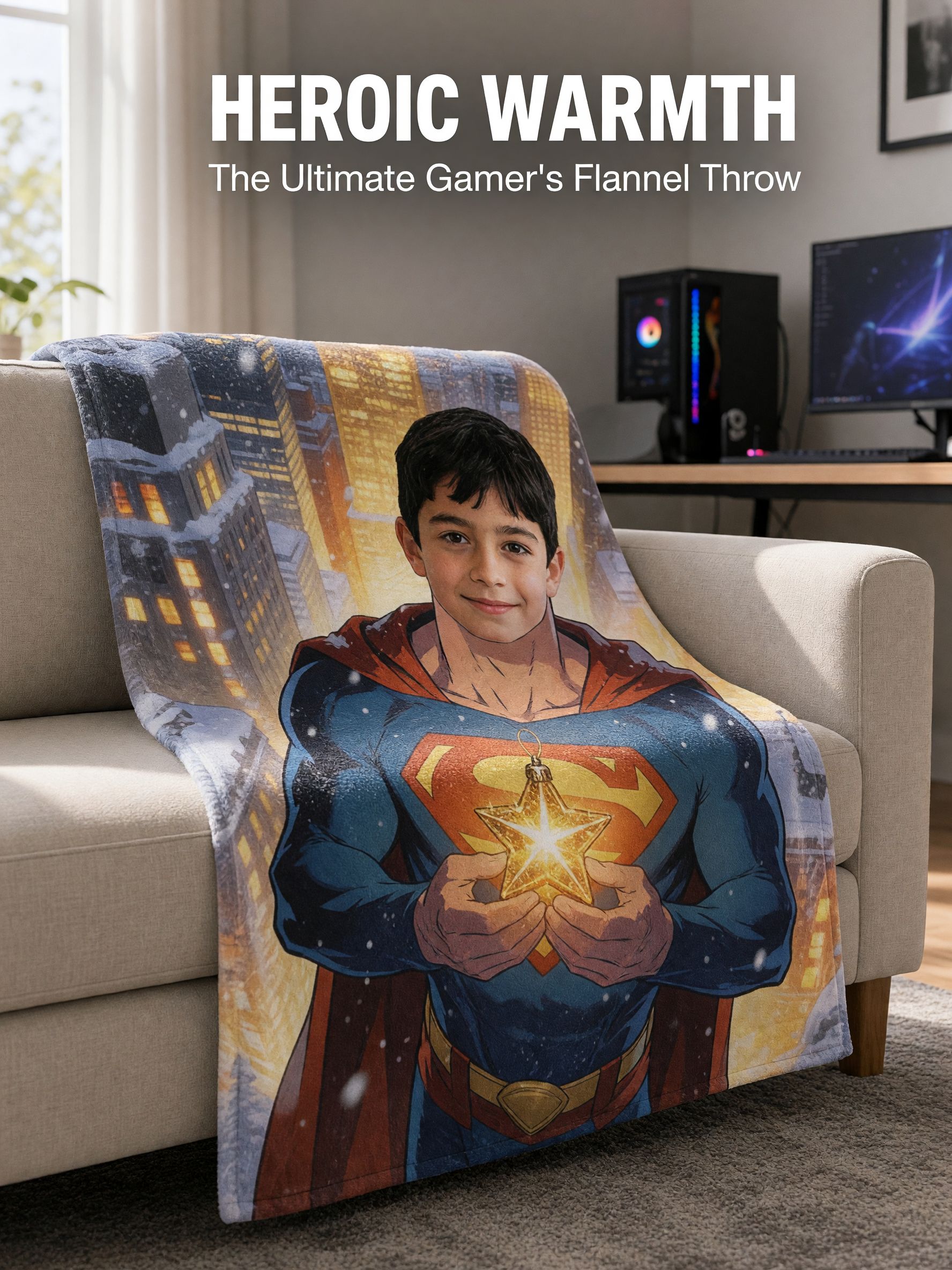 Custom Photo Face Blanket Superhero Flannel Fleece Throw Soft Personalized Gift for Kids Couch Bed
