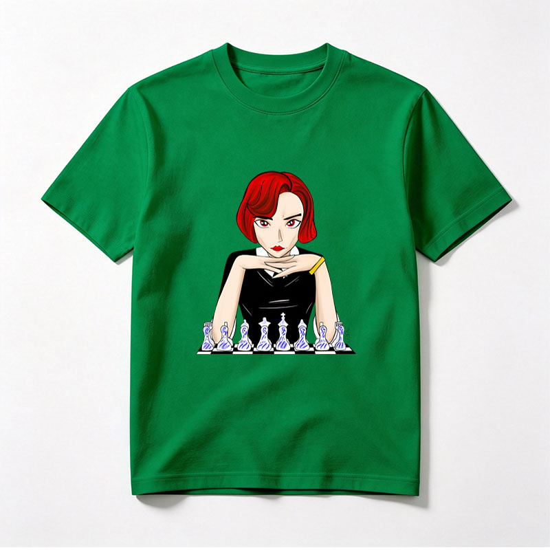 Red-Haired Woman in Black Dress Playing Chess - Tee