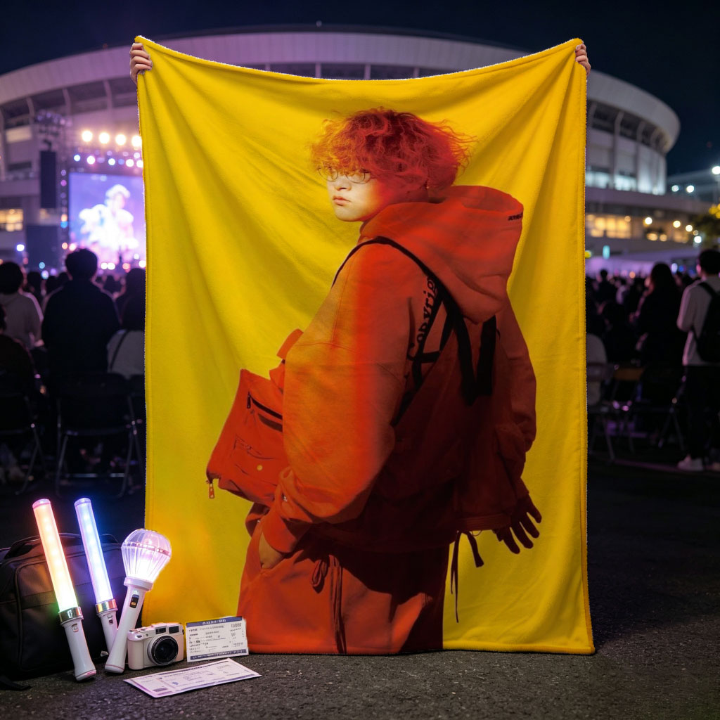 Yuta from Exile Tribe in a Bold Orange Outfit with a Backpack Against a Vibrant Yellow Background - Blankets