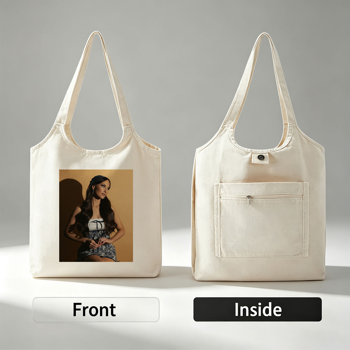 Lana Del Rey in a Stylish Blue and White Dress with Lace-Up Detail on a Warm Background - Canvas shoulder bags/