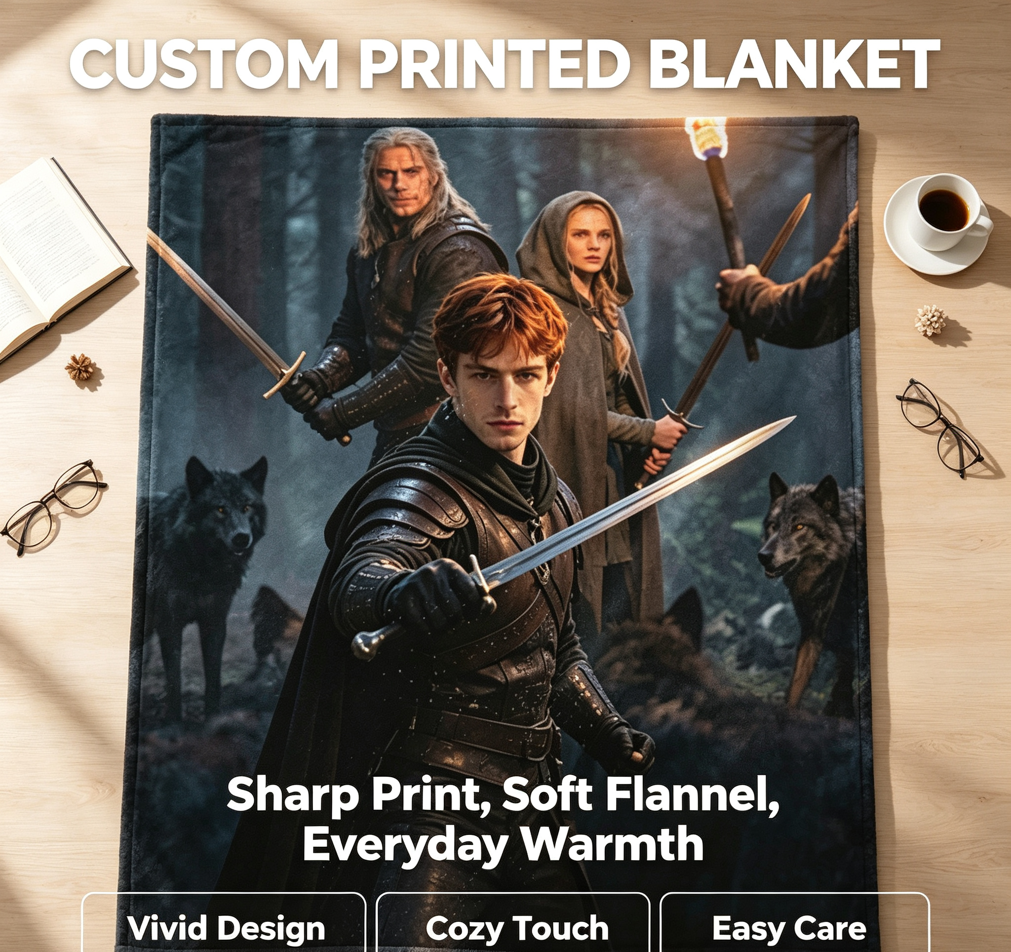Custom Face Blanket Fantasy Warrior Forest Scene Flannel Blanket Perfect for Couch Reading or Camping Gift Idea