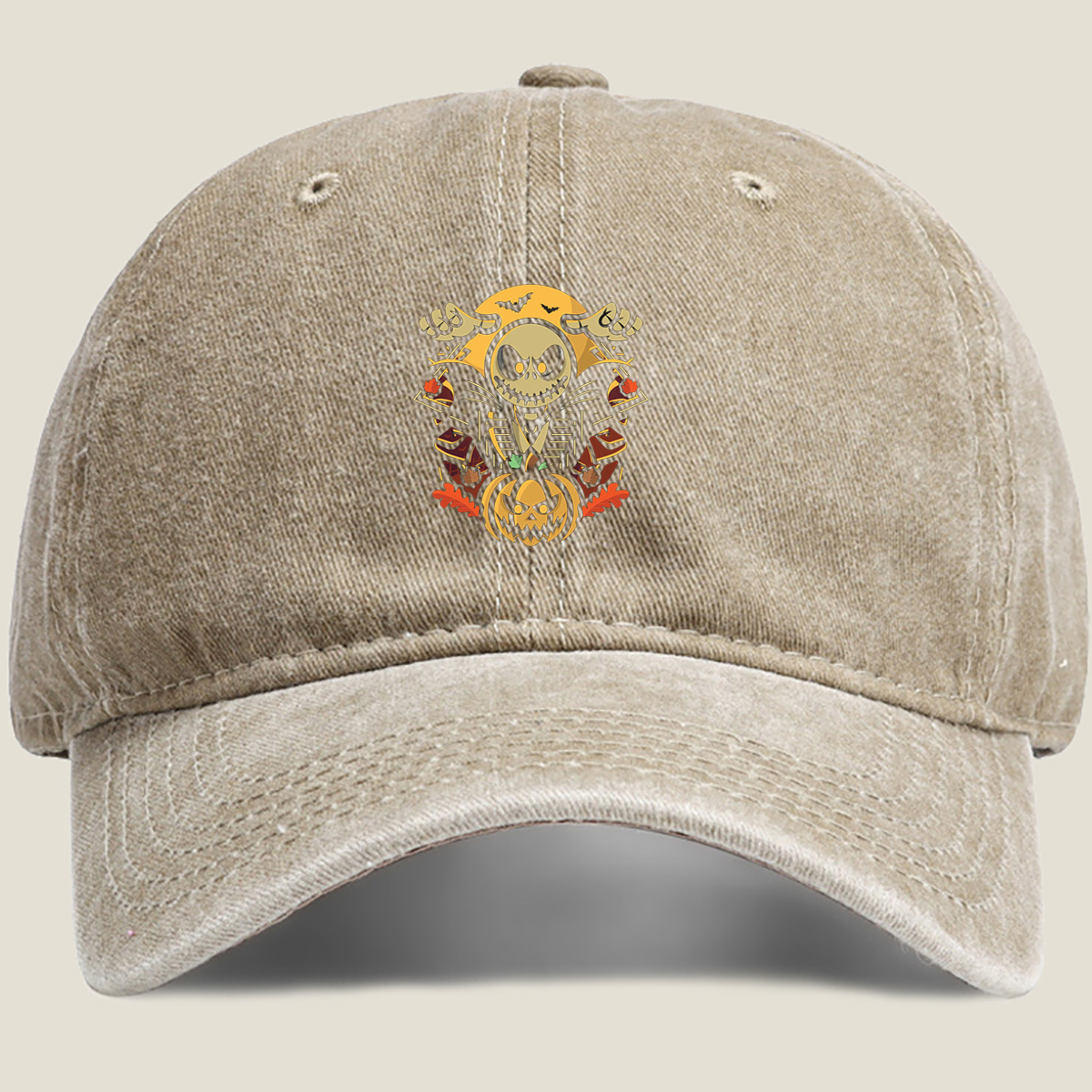Jack Skellington and Pumpkin King Halloween Design - Washed Denim - Baseball Cap