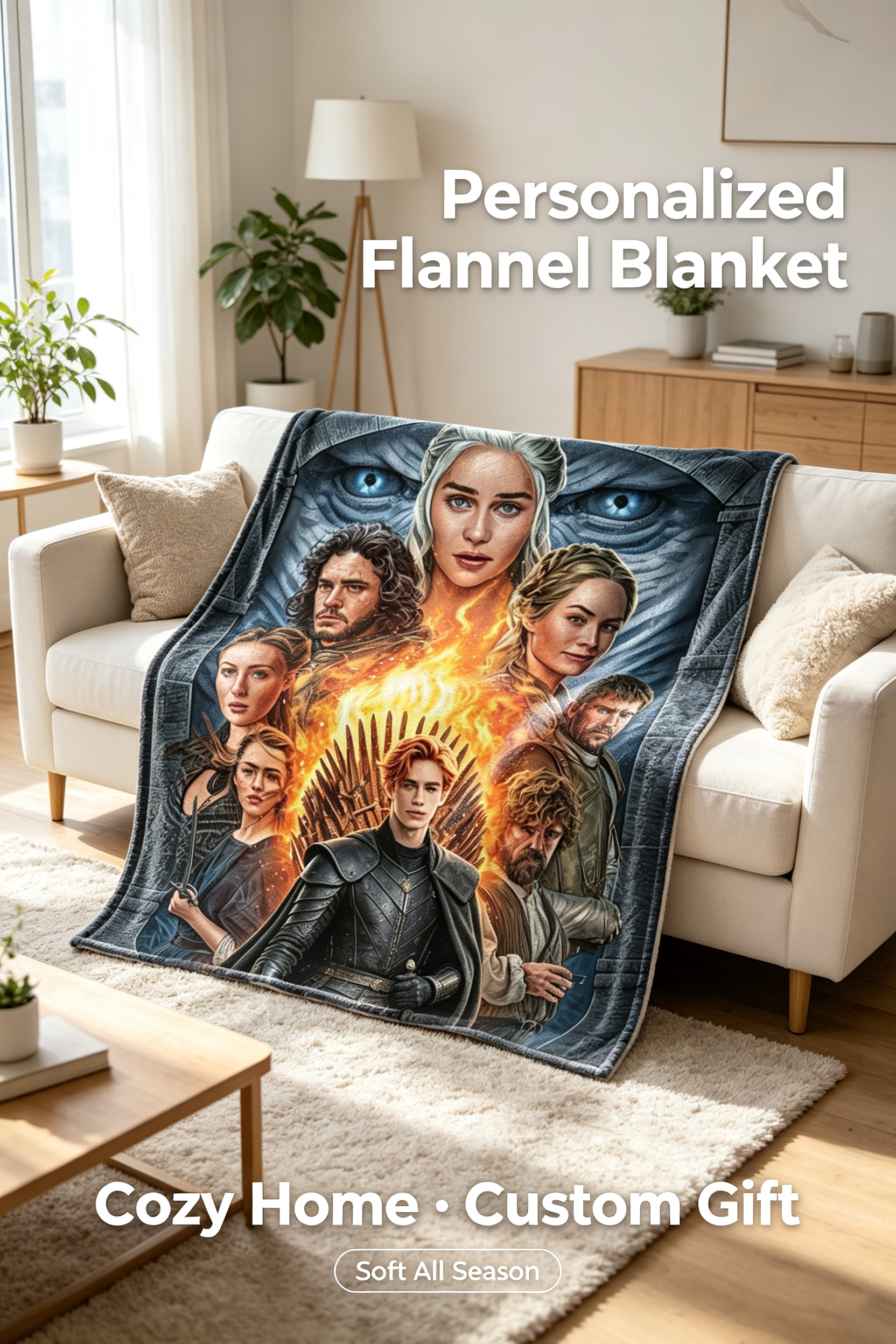 Custom Face Blanket Game of Thrones Flannel Blanket for Couch, Bed, or Travel – Perfect Gift or Giveaway for Fans