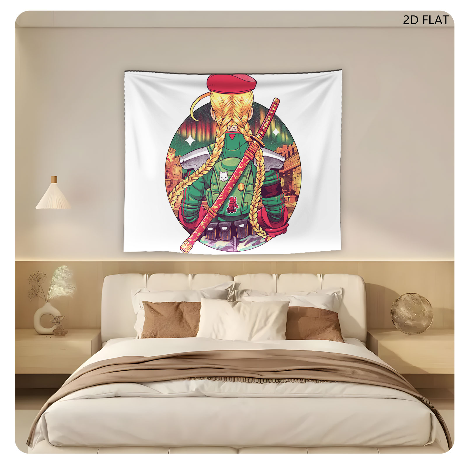 Blonde Warrior with Red Beret and Katana, Futuristic Urban Background - Tapestry