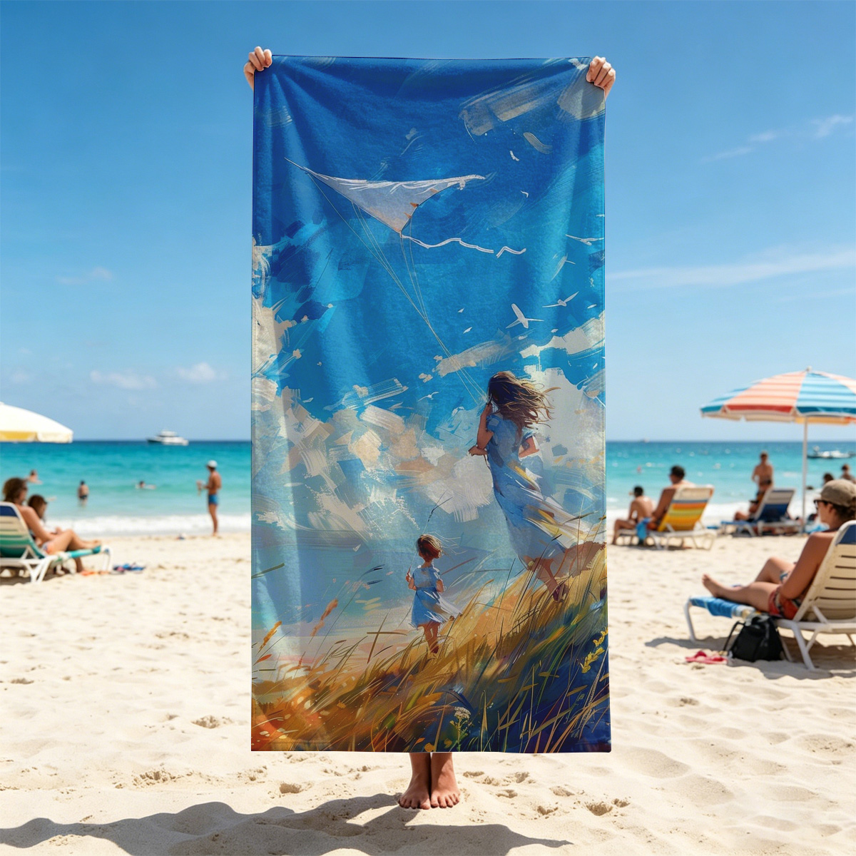 Mother and child flying a kite in a golden field under a vibrant blue sky. - Beach towels