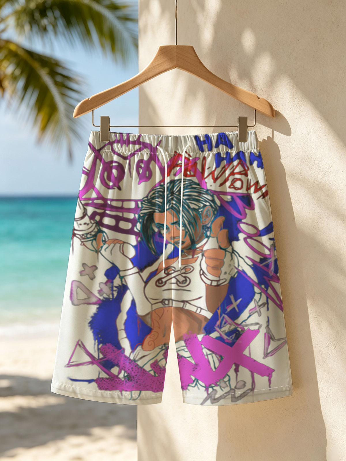 Gloomy Girl with Gun and Graffiti Background -  Beach shorts