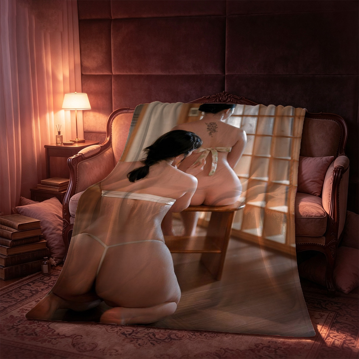 A young woman with long blonde hair in a white button-up shirt and blue panties lying seductively on a bed. - Blanket