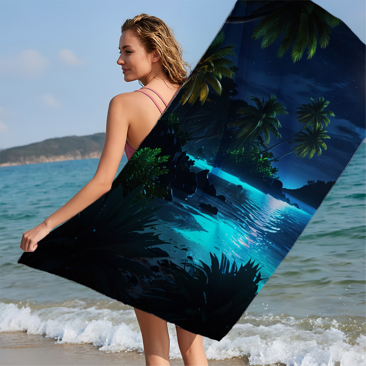 Moonlit Tropical Beach with Palm Trees and Glowing Water - Beach towels