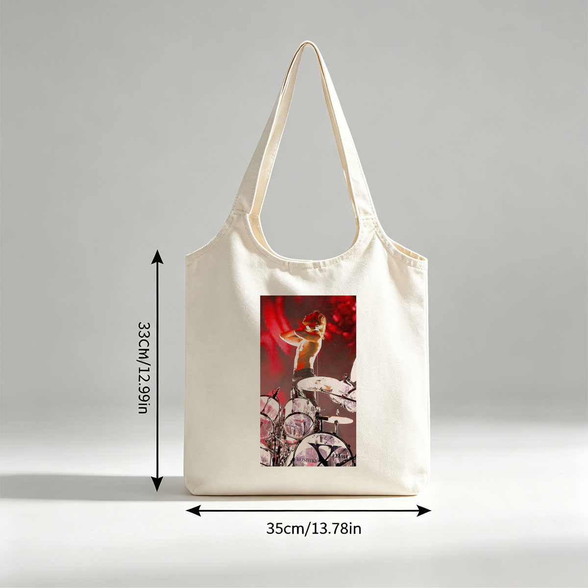 Yoshiki of X Japan on Stage Performing with Drum Set in Intense Red Lighting - Canvas shoulder bags/