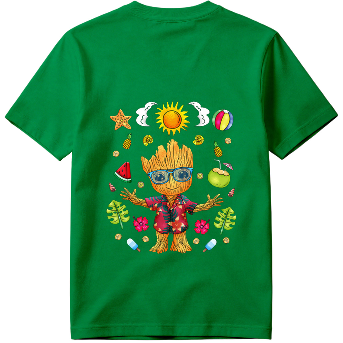 Groot in Hawaiian Shirt with Summer Elements - Tee