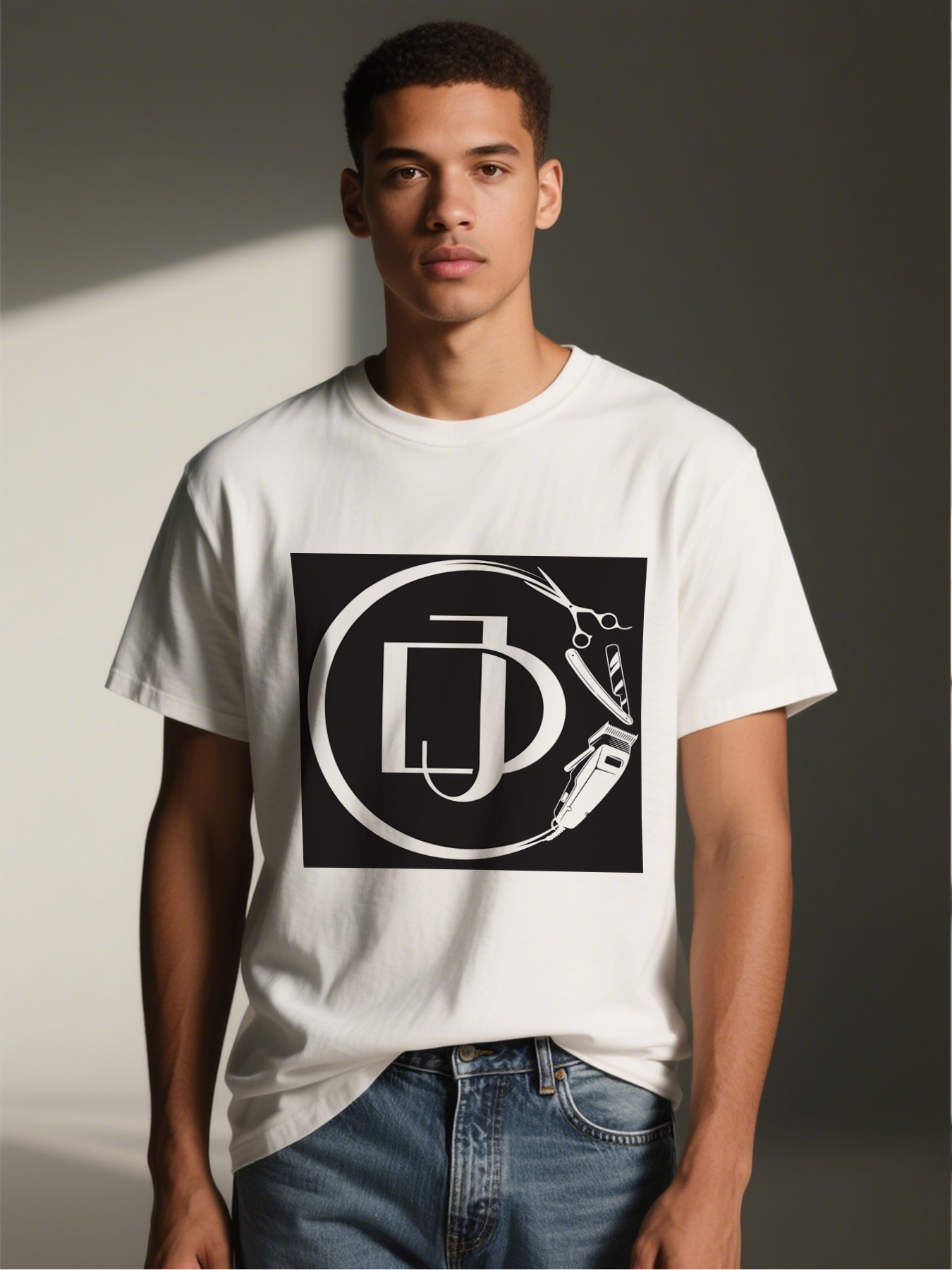 Men's Printed T-Shirt with Barber Tools and Monogram Design, Casual Round Neck Summer Lightweight Breathable Short Sleeve Tee for Barbershop Enthusiasts and Hair Styling Professionals
