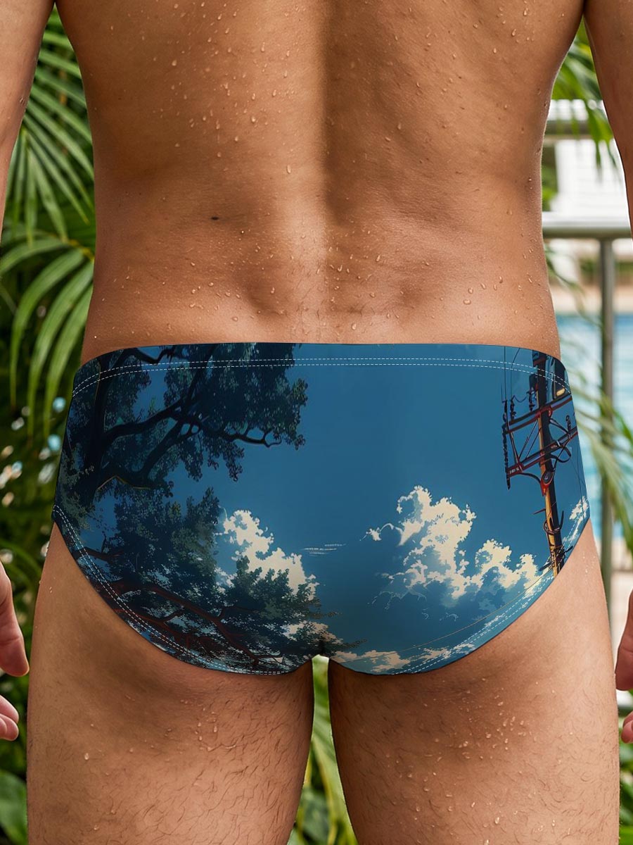 A cozy roadside shop under a vast sky, illuminated by warm lights and framed by a large tree and distant mountains. -  Men's swim trunks