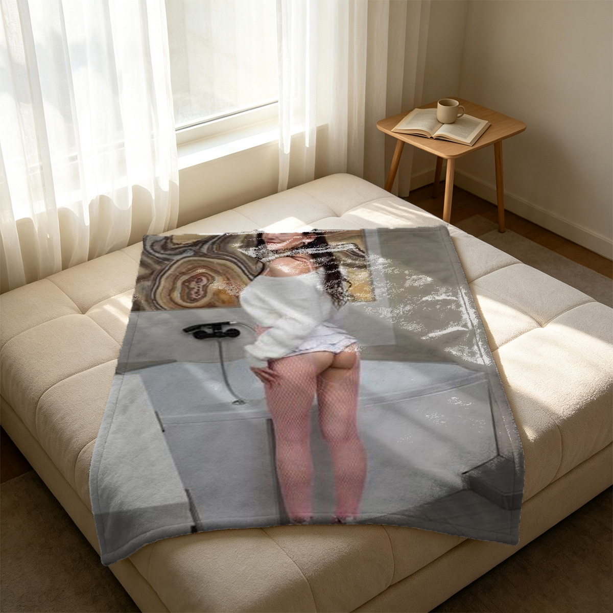 Elegant Asian beauty in pink bra and black jeans by the window. - Blanket