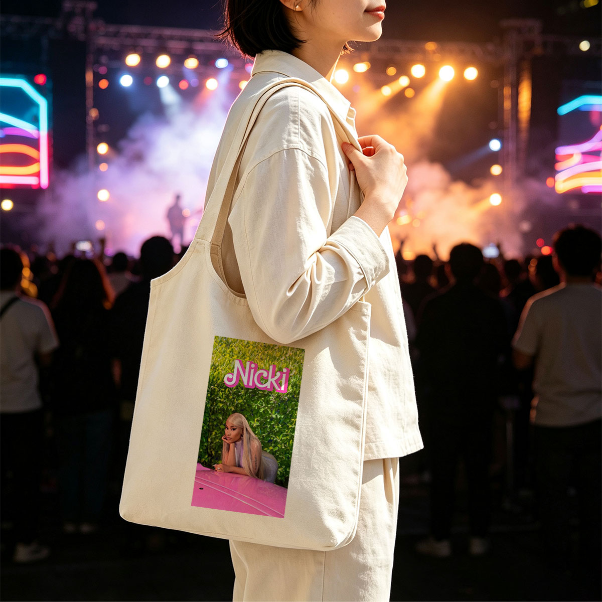 Nicki Minaj Leaning on Pink Car in Front of Green Hedge Wall - Canvas shoulder bags/