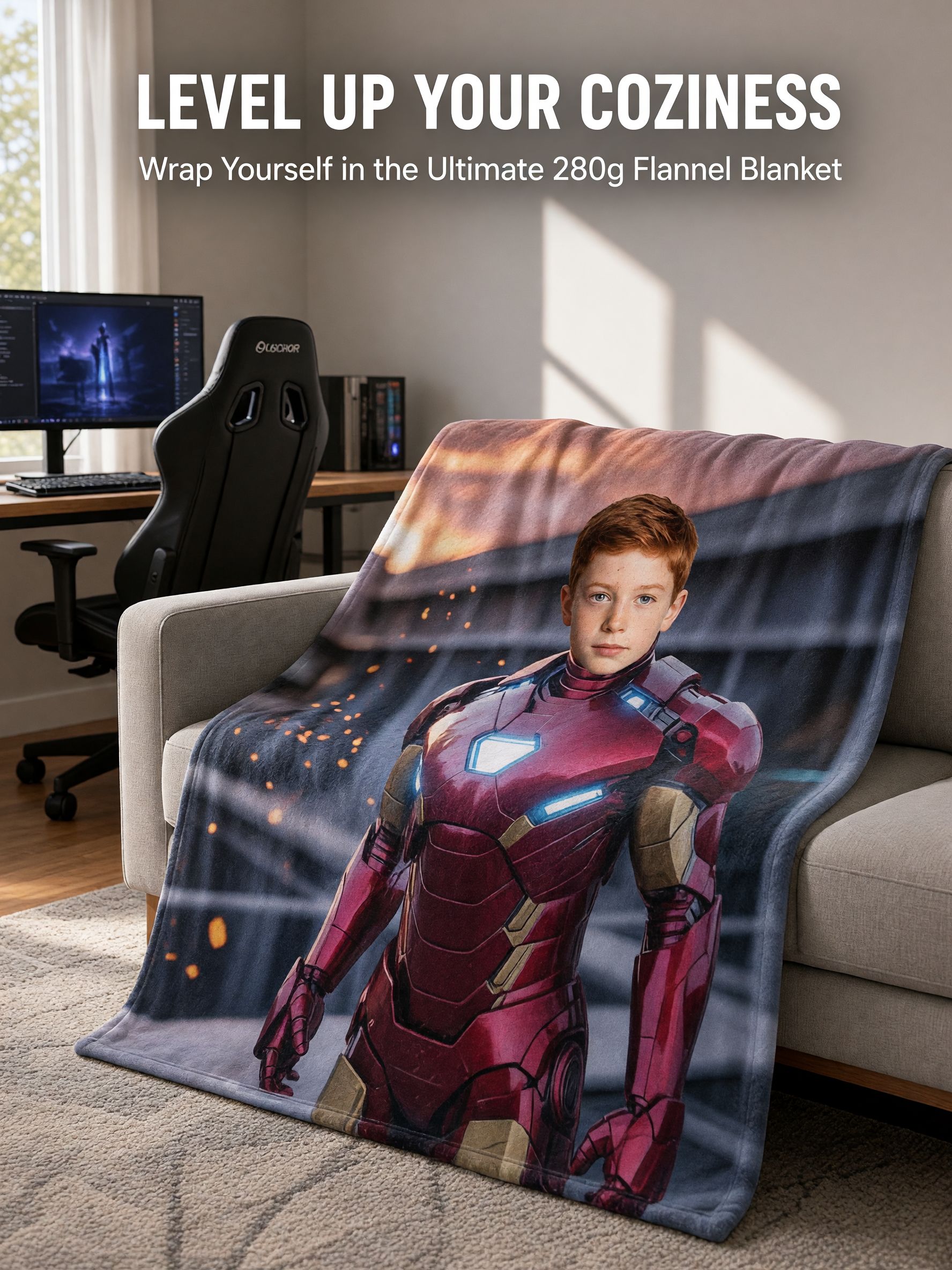 Custom Face Superhero Blanket, Personalized Photo Soft Flannel Throw, Cozy Armor Portrait Bed Couch Gift