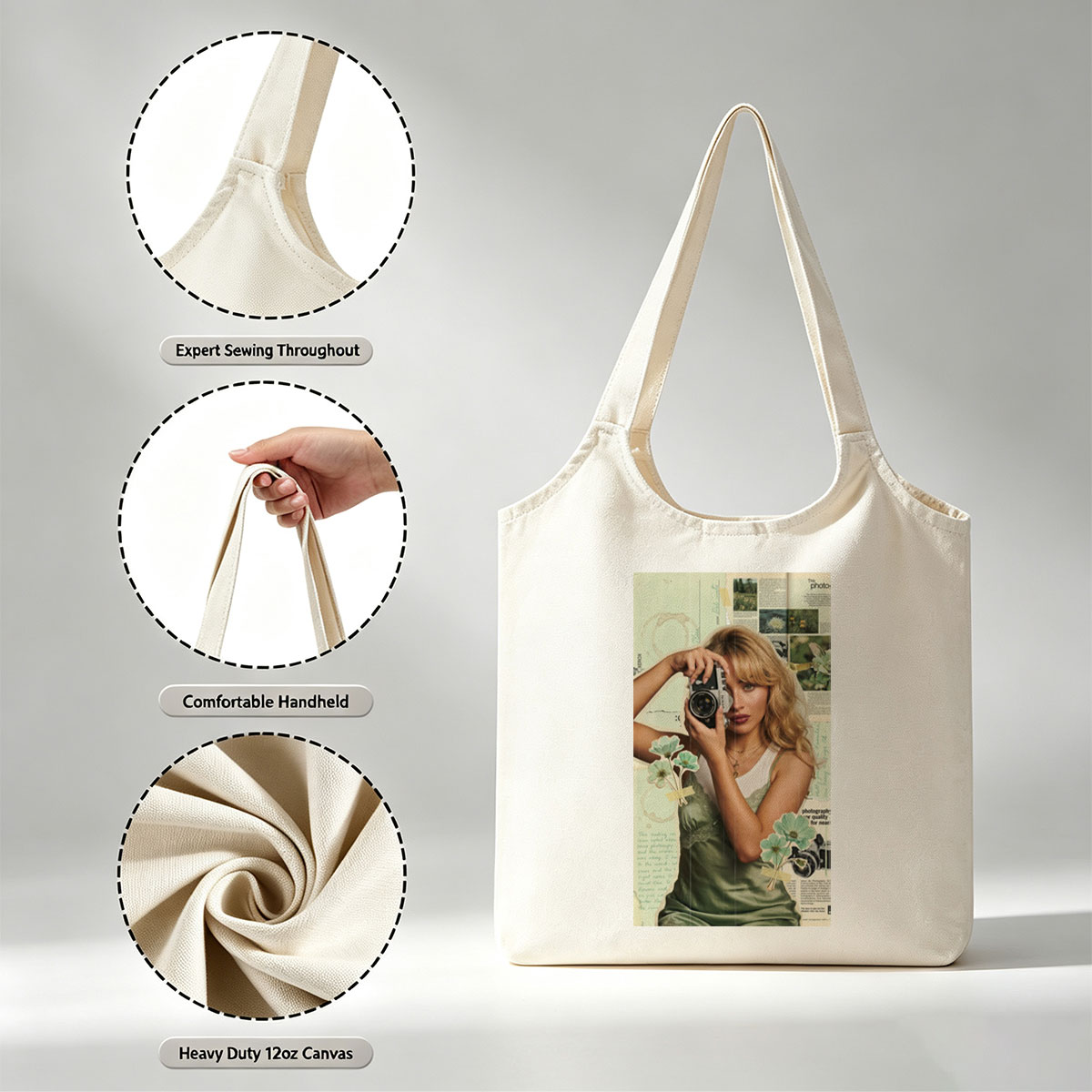 Margot Robbie Holding a Vintage Camera in a Collage-Style Portrait with Floral Elements and Photography Text Background - Canvas shoulder bags/