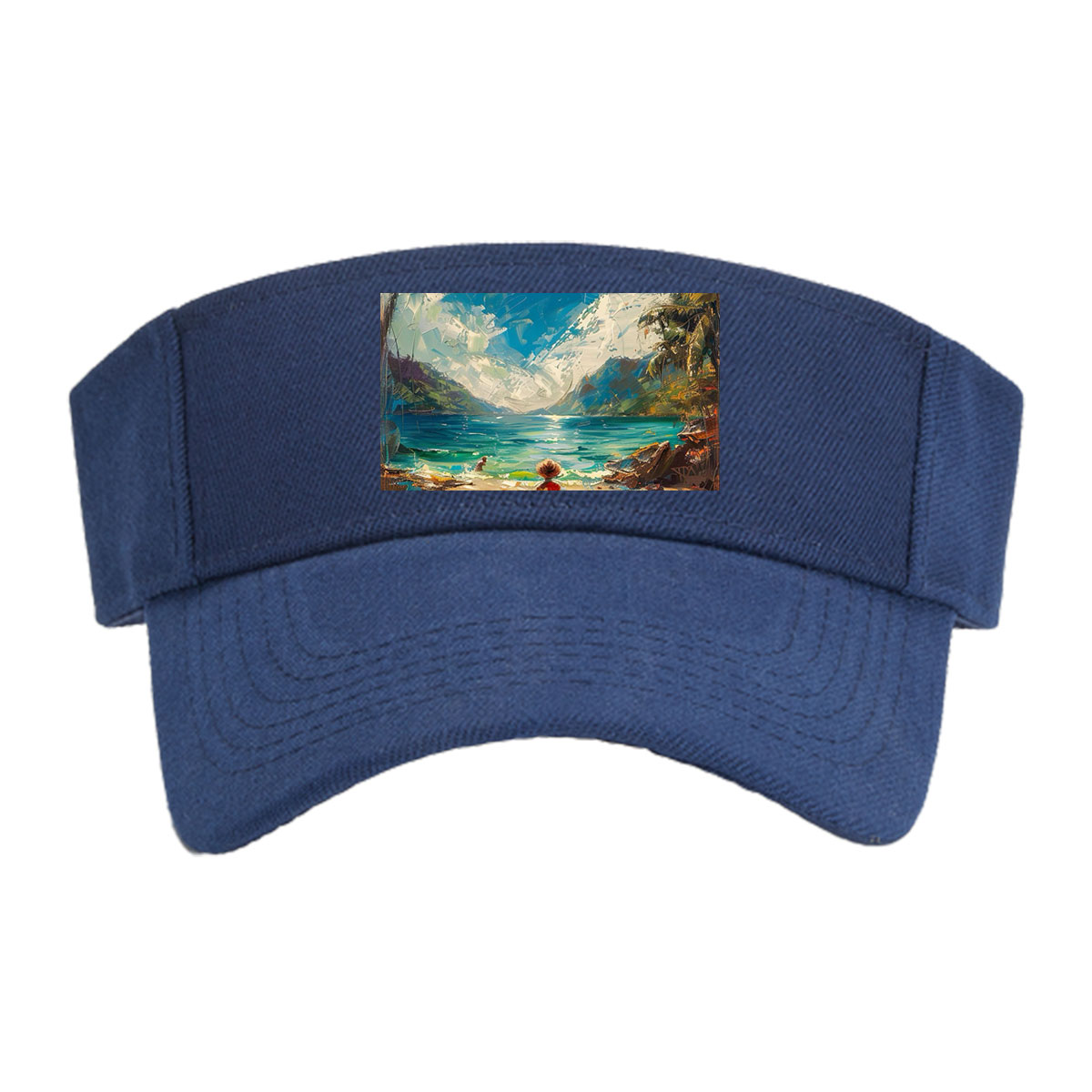A woman walks on a tropical beach, framed by palm trees and turquoise waters under a vibrant sky. -  Visor cap