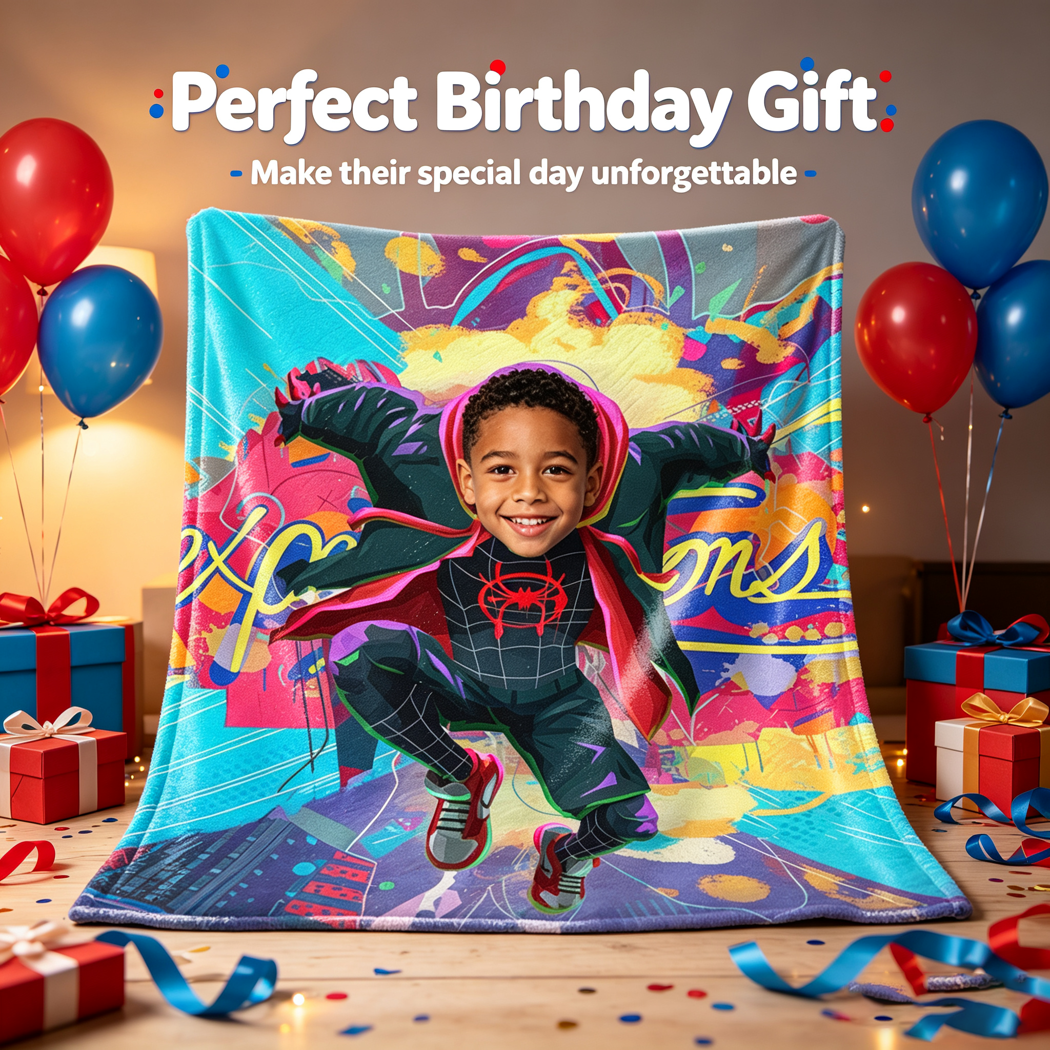 Custom Spider‑Verse Miles Morales Kids Photo Blanket, Personalized Superhero Throw Blanket Upload Child Photo, Birthday Gift for Boys