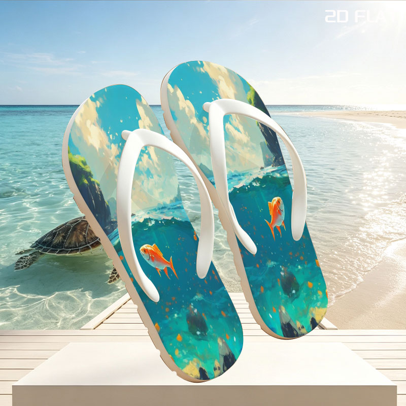 A vibrant orange fish swims gracefully in clear blue waters beneath a sunny sky. -  flip-flops