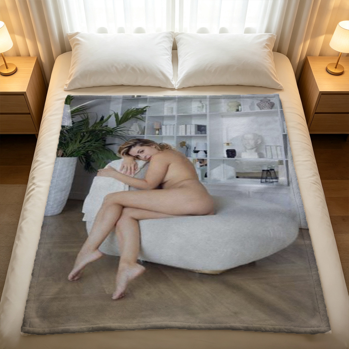 Nude redhead on park bench in autumn leaves - Blanket