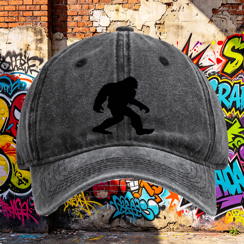Unisex Classic Washed Cap with Bigfoot Silhouette Print - Outdoor Adventure Hat for Hiking, Camping, and Nature Enthusiasts