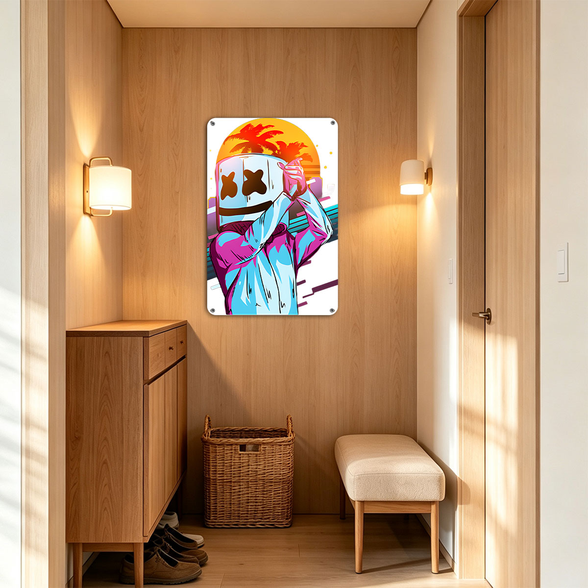 Marshmello in a vibrant neon outfit against a sunset cityscape, holding a phone to his head. - painting