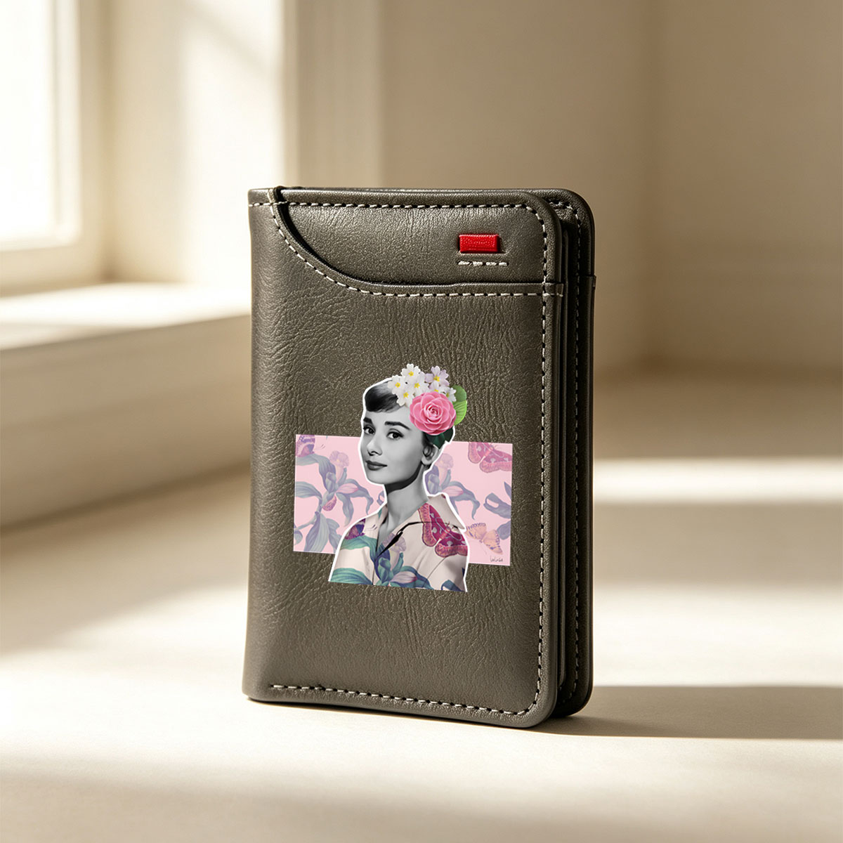 Audrey Hepburn with Floral Crown and Butterfly Patterned Shirt - Vertical Style Wallet