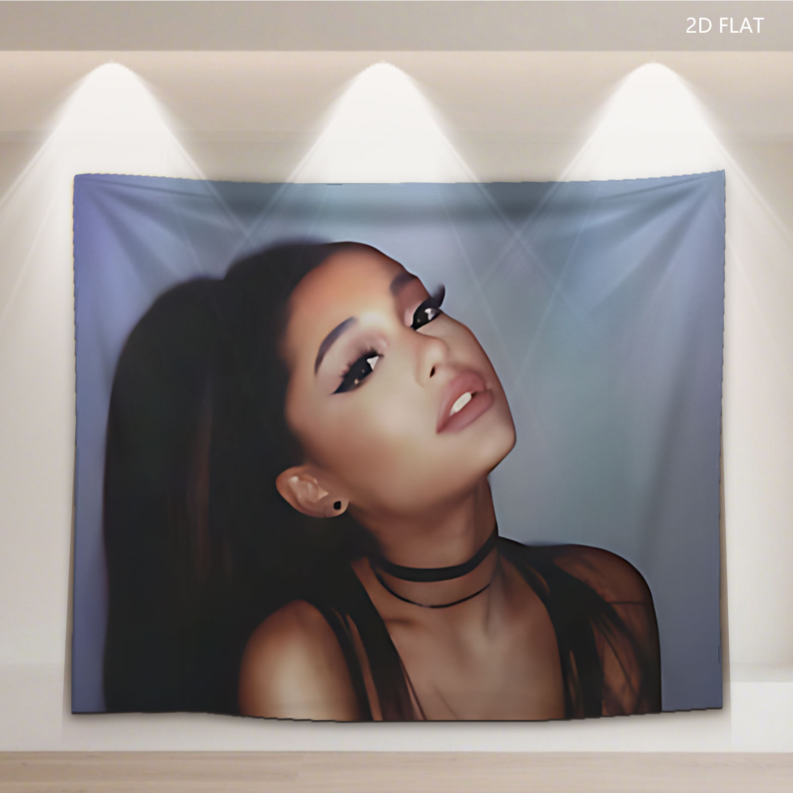 Ariana Grande in a dramatic pose with bold makeup and a black choker, set against a soft gradient background. - Tapestry