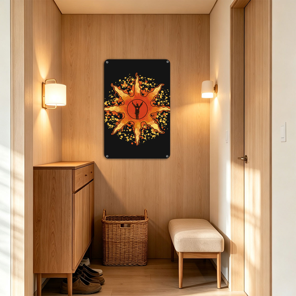 Sunburst Warrior: Silhouette in Radiant Flame - painting