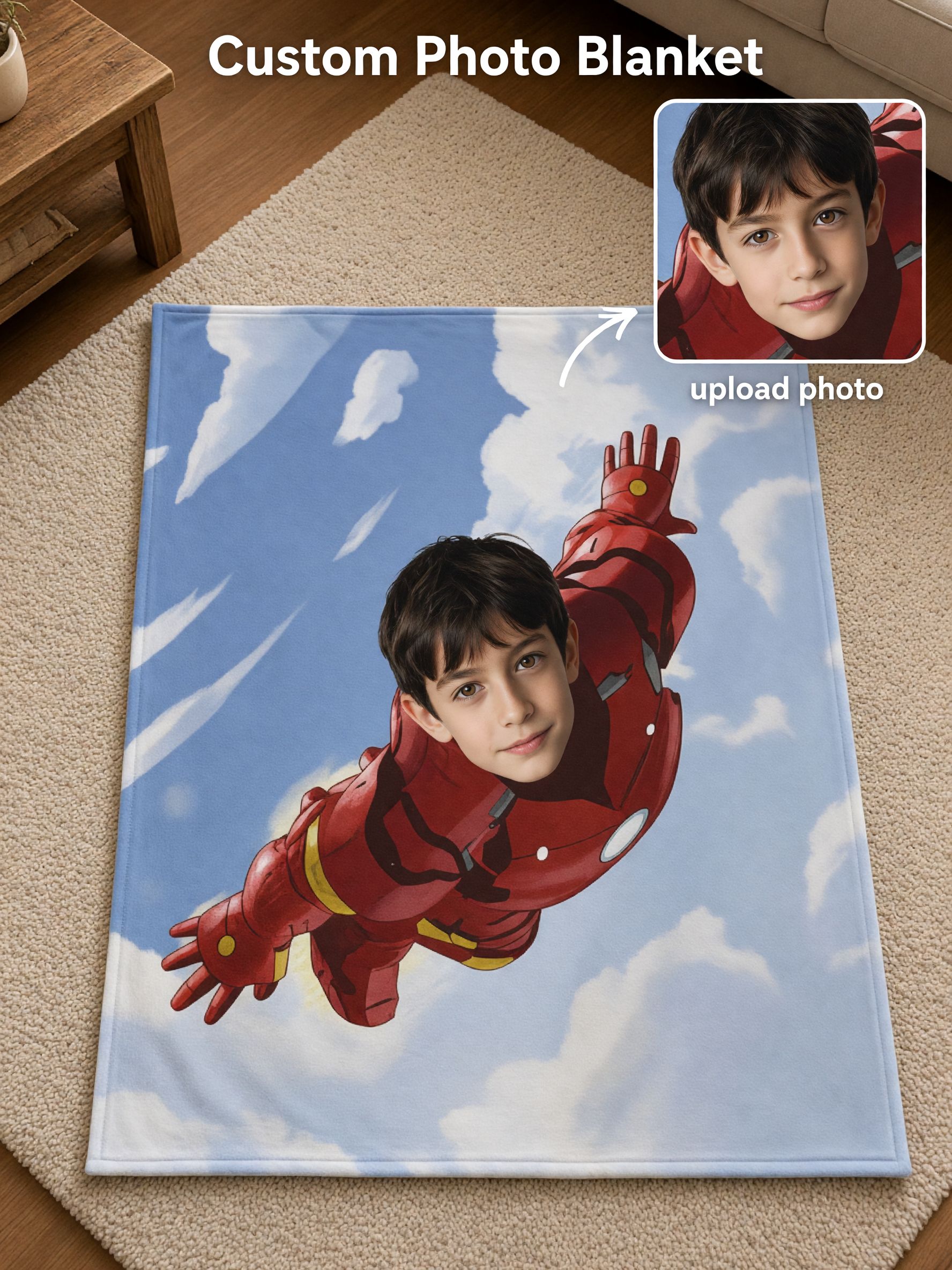 Custom Face Superhero Flannel Blanket Personalized Photo Throw Soft Fleece Bed Couch Gift