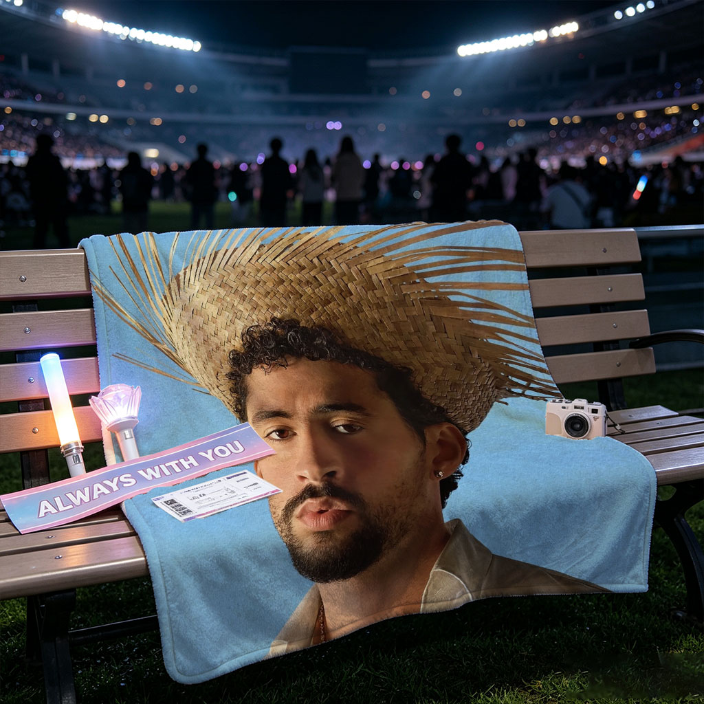 Bad Bunny Wearing a Straw Hat with Spiky Design Against a Blue Background - Blankets