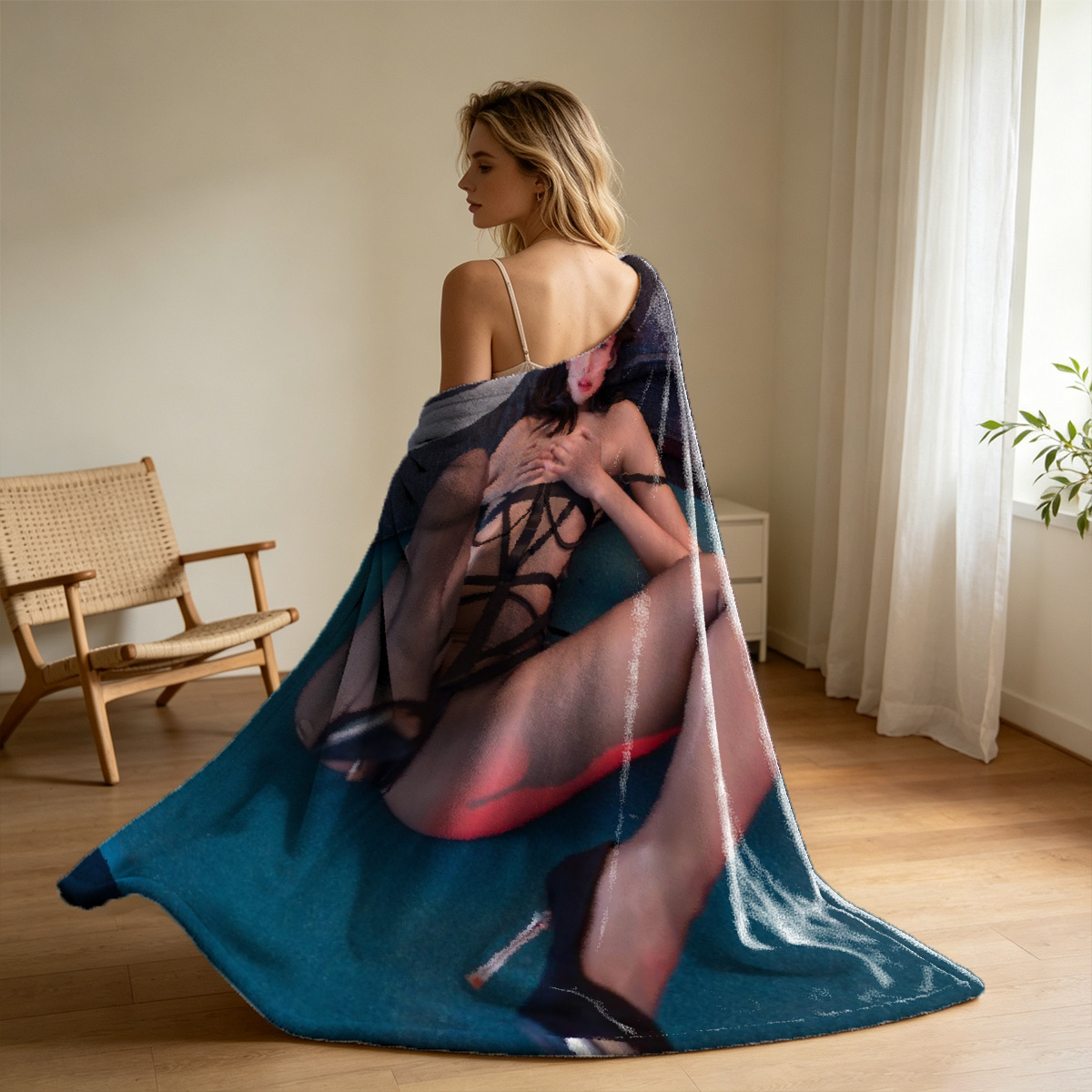 Chinese Woman in Blue Cheongsam and Black Stockings Sitting Seductively on Windowsill - Blanket