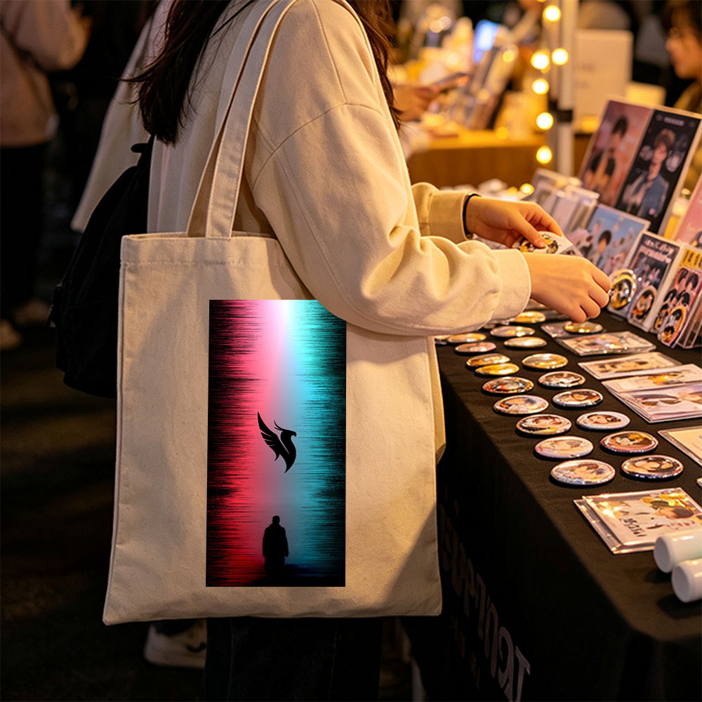 Linkin Park - Silhouette of a Man Standing Before a Winged Bird Symbol Against a Red and Blue Gradient Background - Canvas tote bags