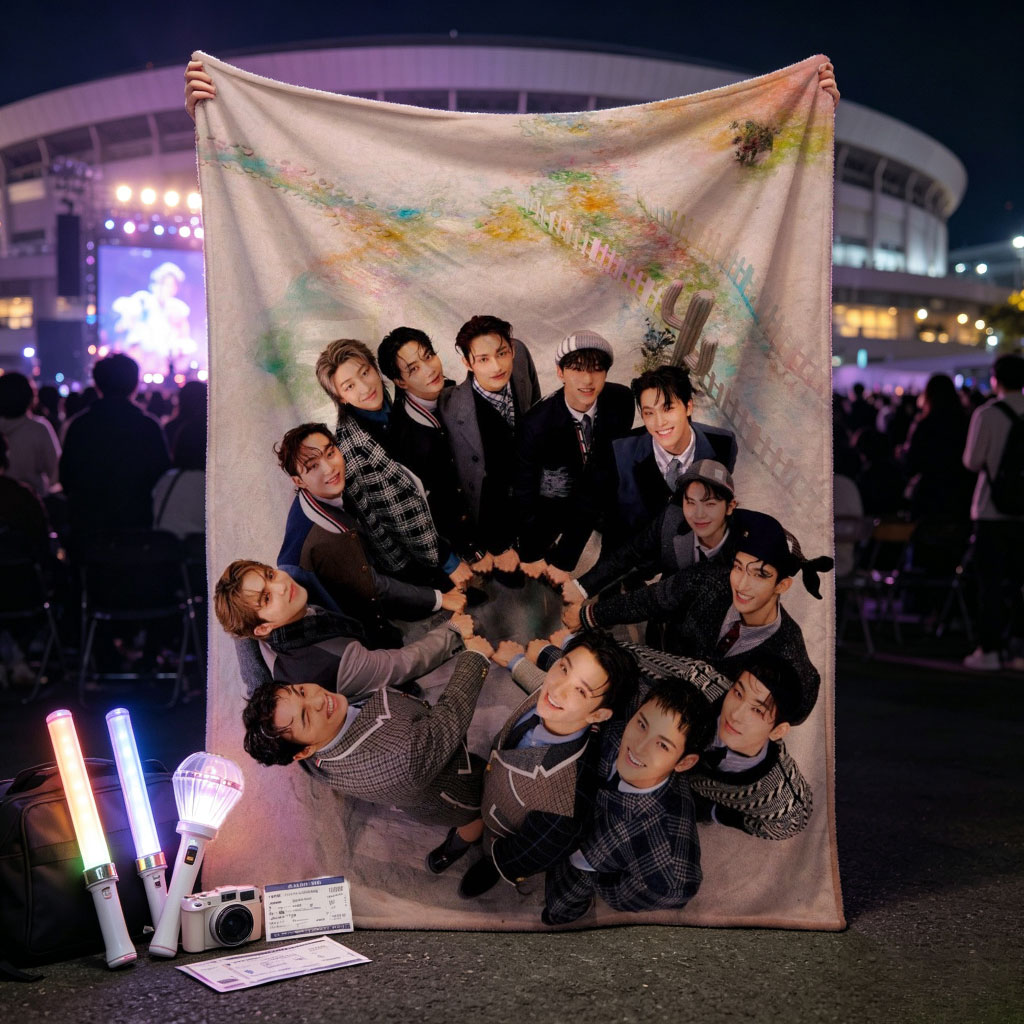 SEVENTEEN Group Photo in a Circular Formation on a Colorful Background - Blankets