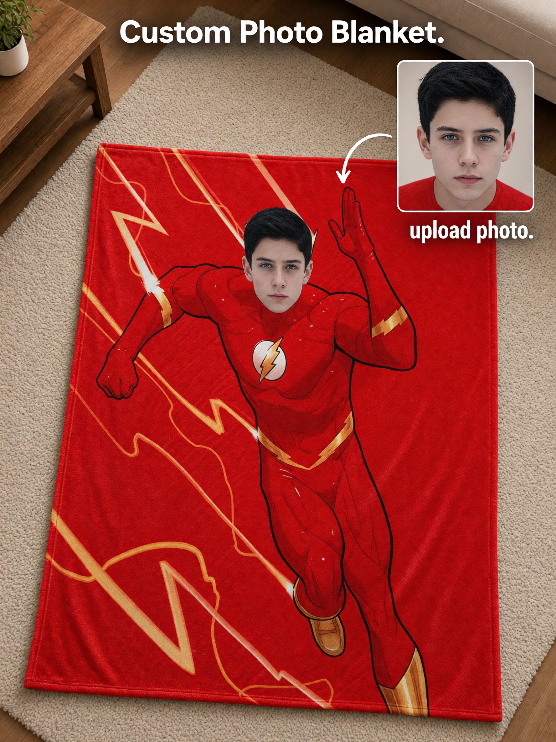Custom Photo Face Superhero Flannel Throw Blanket Personalized Soft Plush Bed Sofa Fleece Blanket Unique Gift