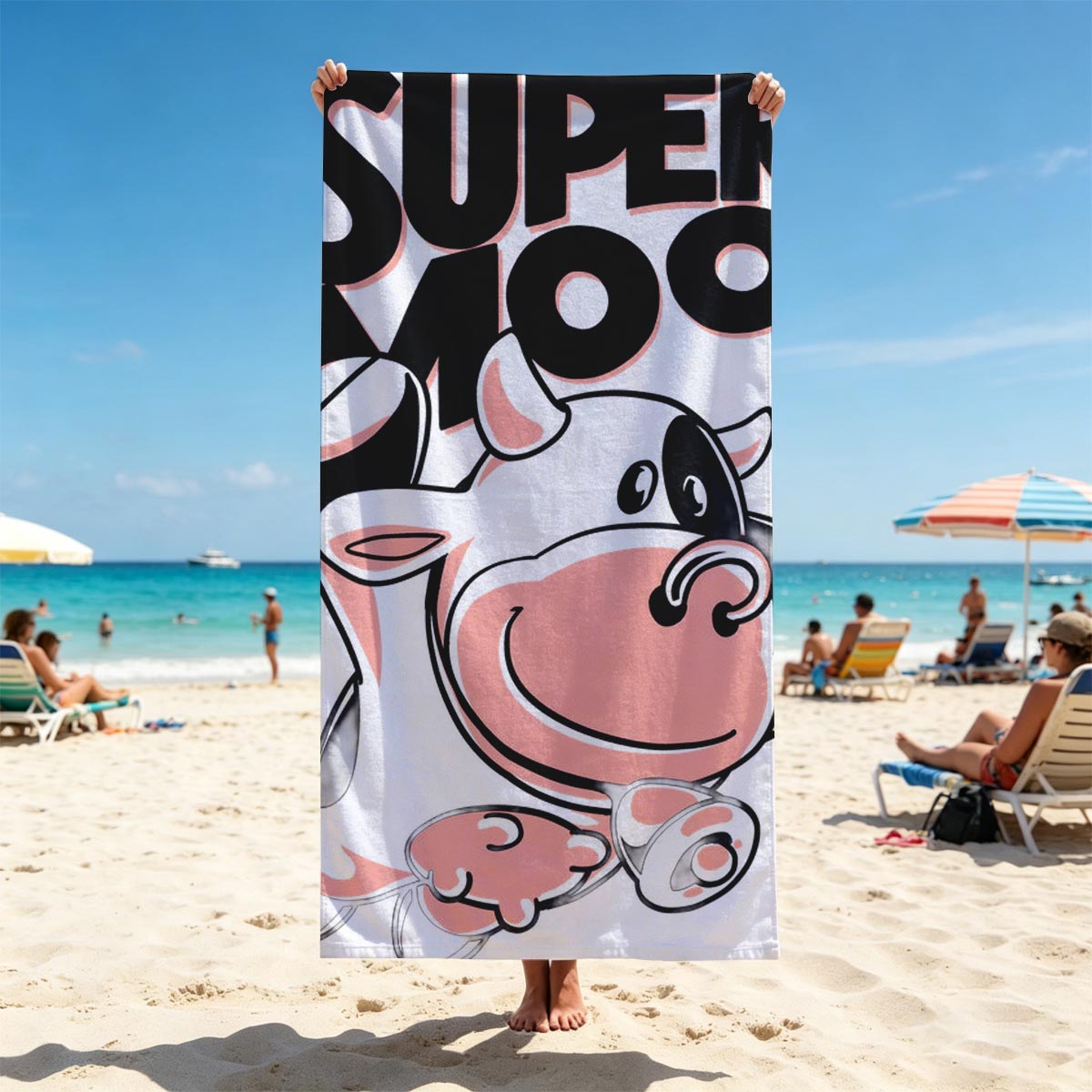 Super Moo: Cartoon Cow Character Design - Beach towels