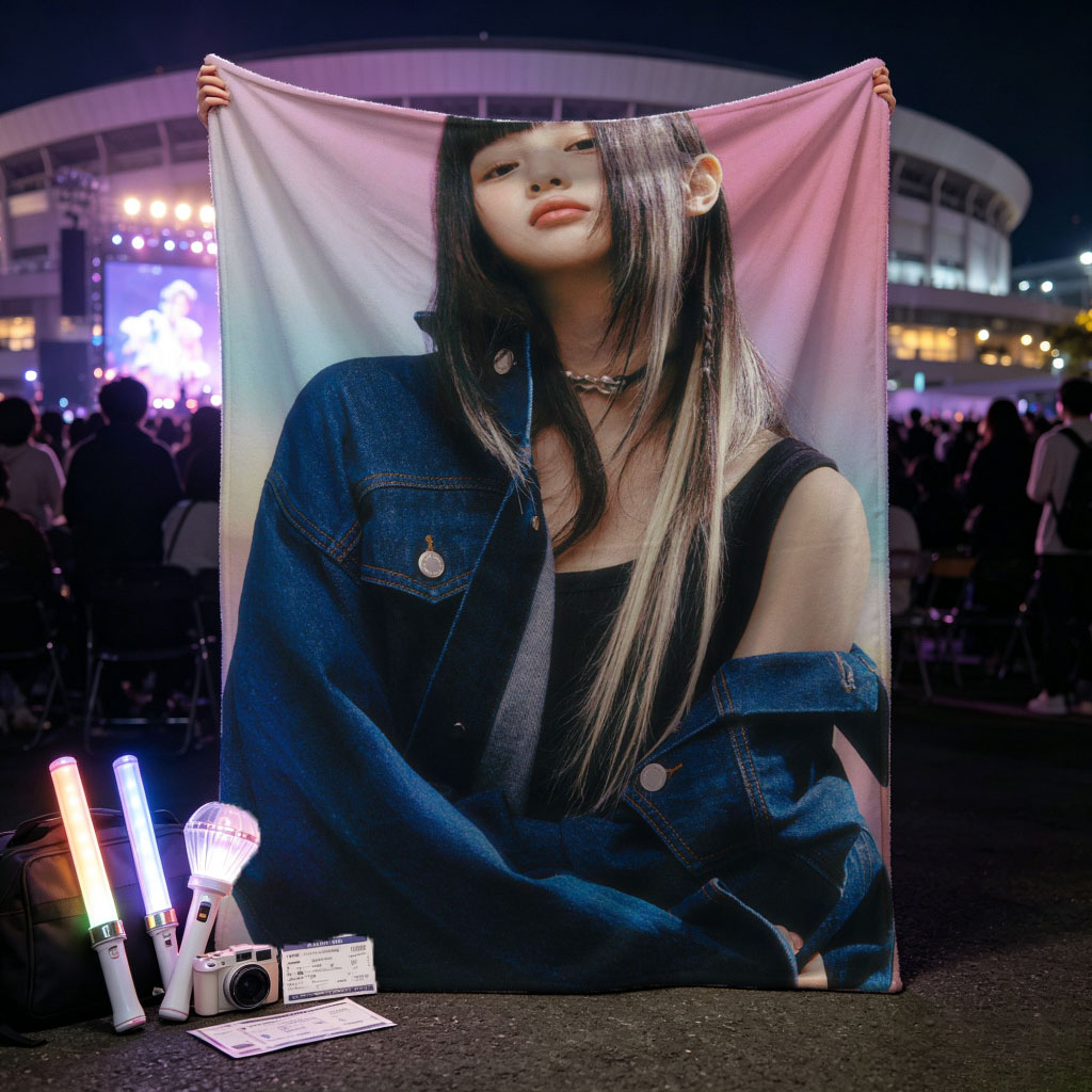 Hanni from NewJeans in a Stylish Denim Look Against a Vibrant Gradient Background - Blankets