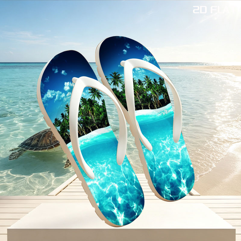 Crystal Clear Waters and Palm Trees Under Blue Sky -  flip-flops