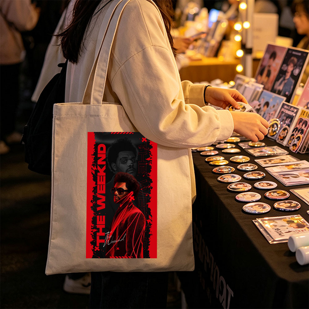 The Weeknd Dark Red Aesthetic Portrait with Bold Typography and Dramatic Lighting - Canvas tote bags
