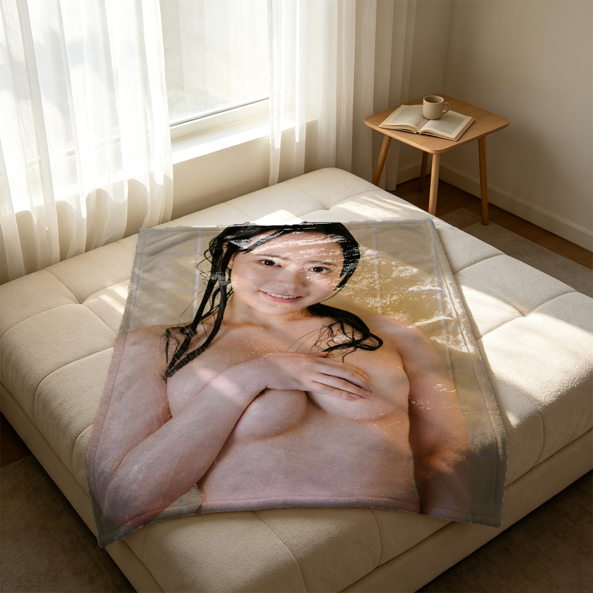 Nude Japanese model with ponytail and tattoos in black silk panties. - Blanket