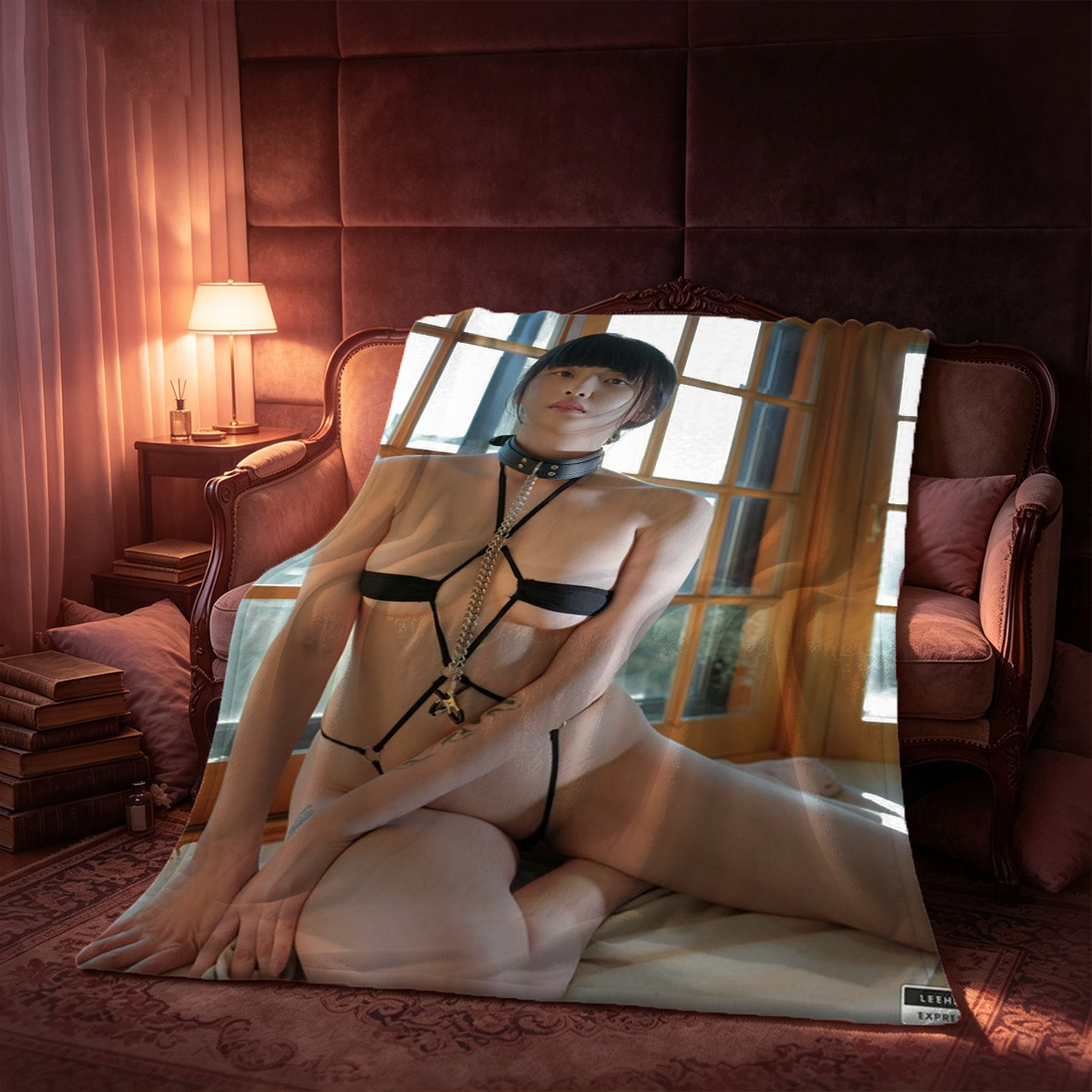 Sultry Black Sheer Lingerie on Marble Table - Blanket