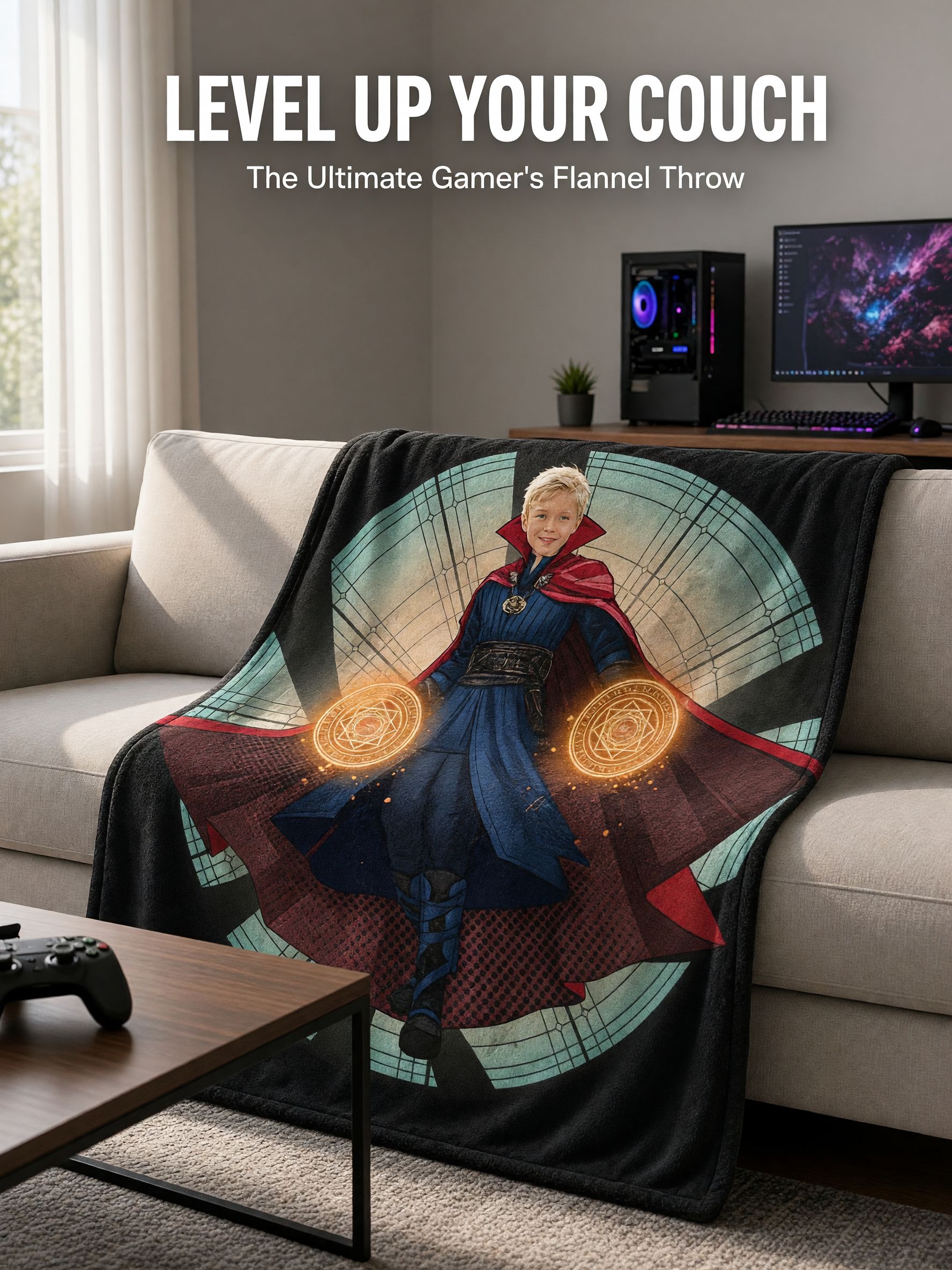 Personalized Superhero Face Blanket Custom Photo Magic Sorcerer Flannel Throw Cozy Gift for Kids and Adults