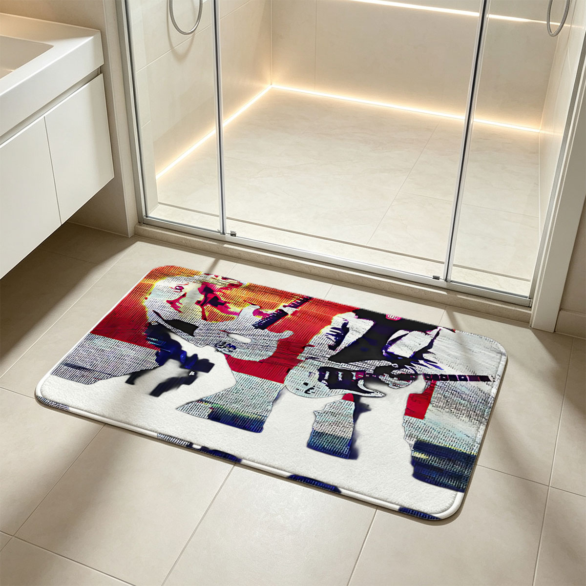 KISS Band Members Performing on Stage with Electric Guitars - Flannel floor mat