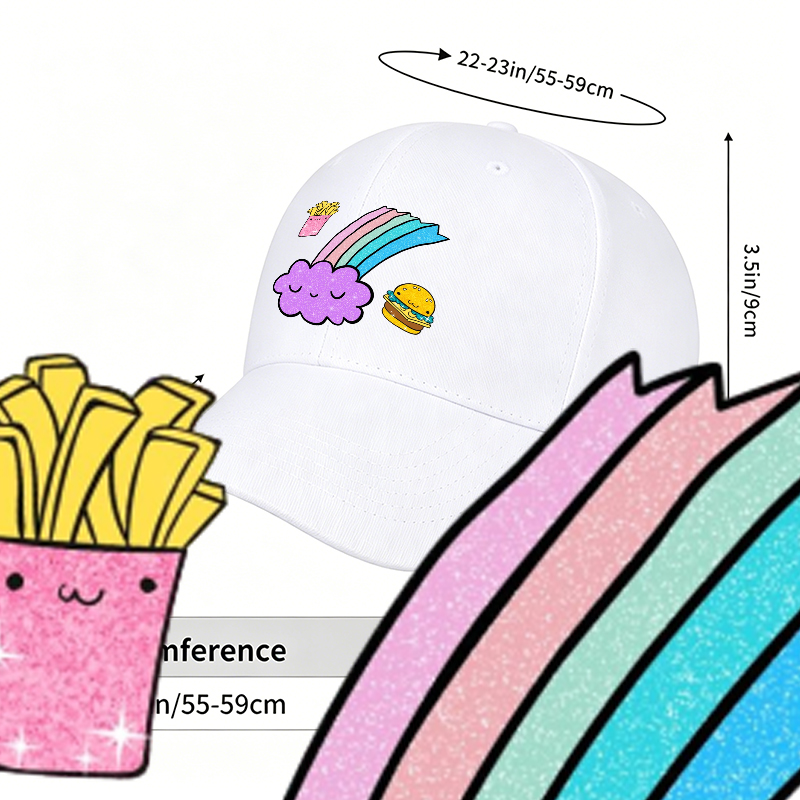 Unisex Classic Baseball Cap with Kawaii Rainbow Cloud, Fries, and Burger Print - Fun Food-Themed Hat for Casual Wear, Perfect for Teens and Young Adults Loving Pop Culture and Cute Designs