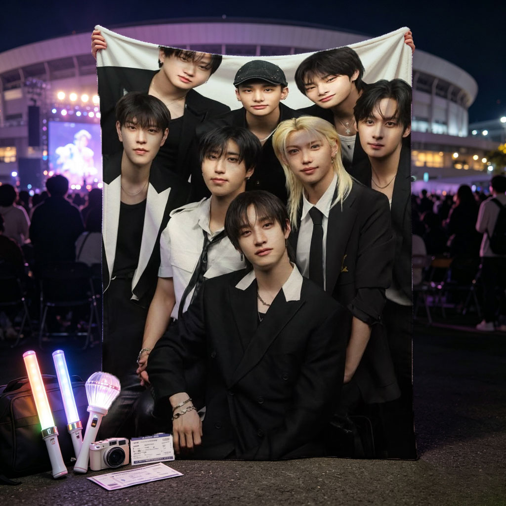 Stray Kids Group Photo in Stylish Black Outfits Posed Together - Blankets