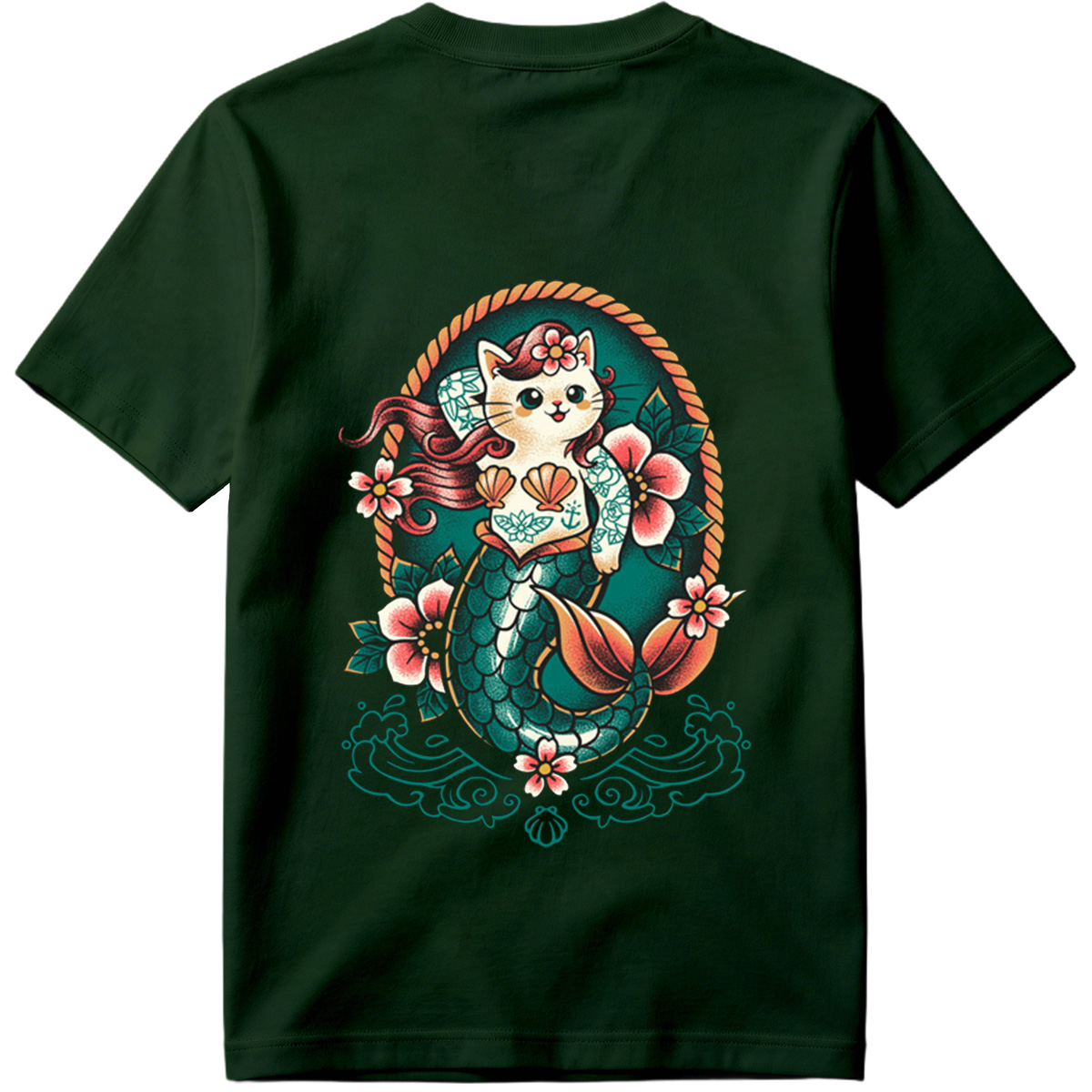 Mermaid Cat with Floral Tattoo Design - Tee