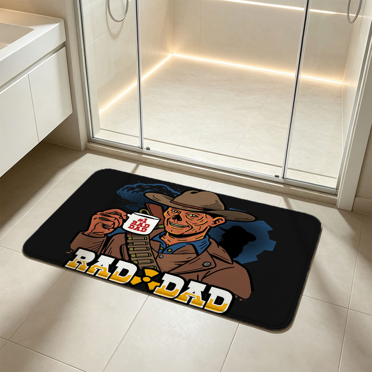 Rad Dad: #1 Rad Dad with Coffee Mug and Cowboy Hat - Flannel floor mat