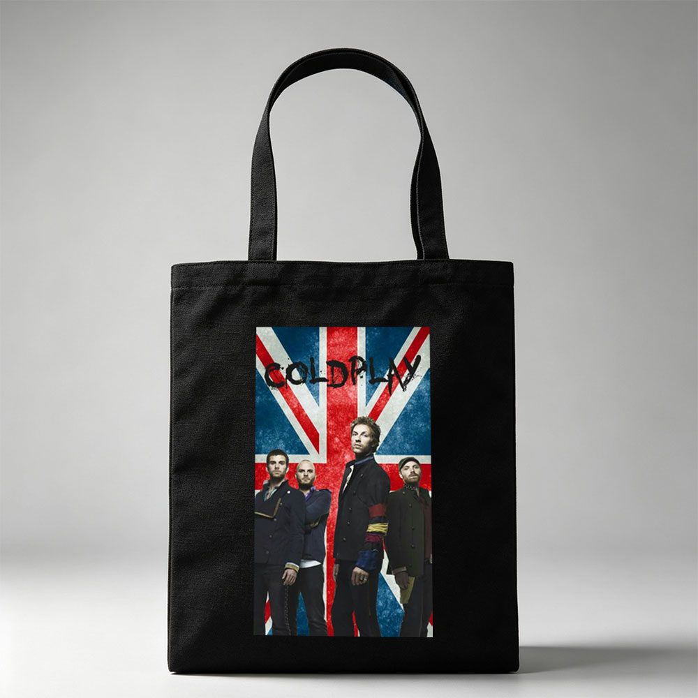 Coldplay Band Members Standing in Front of a British Flag Background - Canvas tote bags